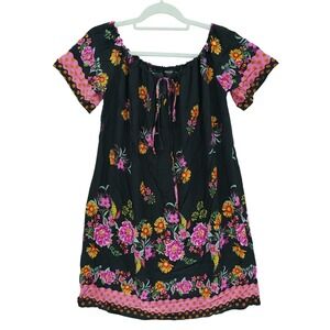 SHEIN Curve Black Pink Flower Print Tie Front Bardot Tunic Dress Off Shoulder 3X